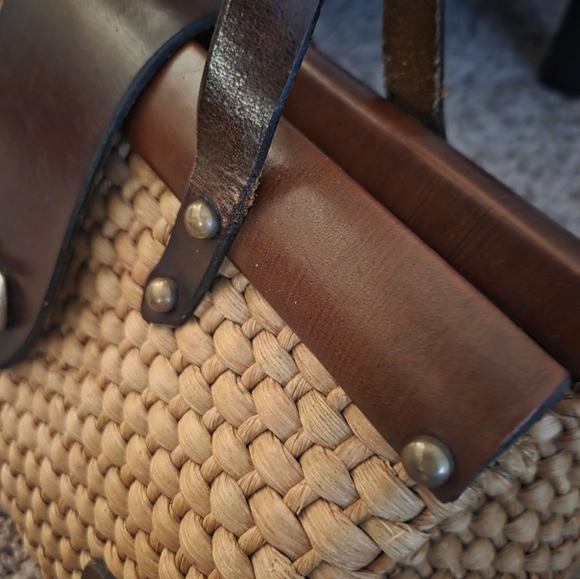 Vintage John Romain Straw Purse Bag Woven Double Leather Straps Turnlock EUC - Picture 12 of 16